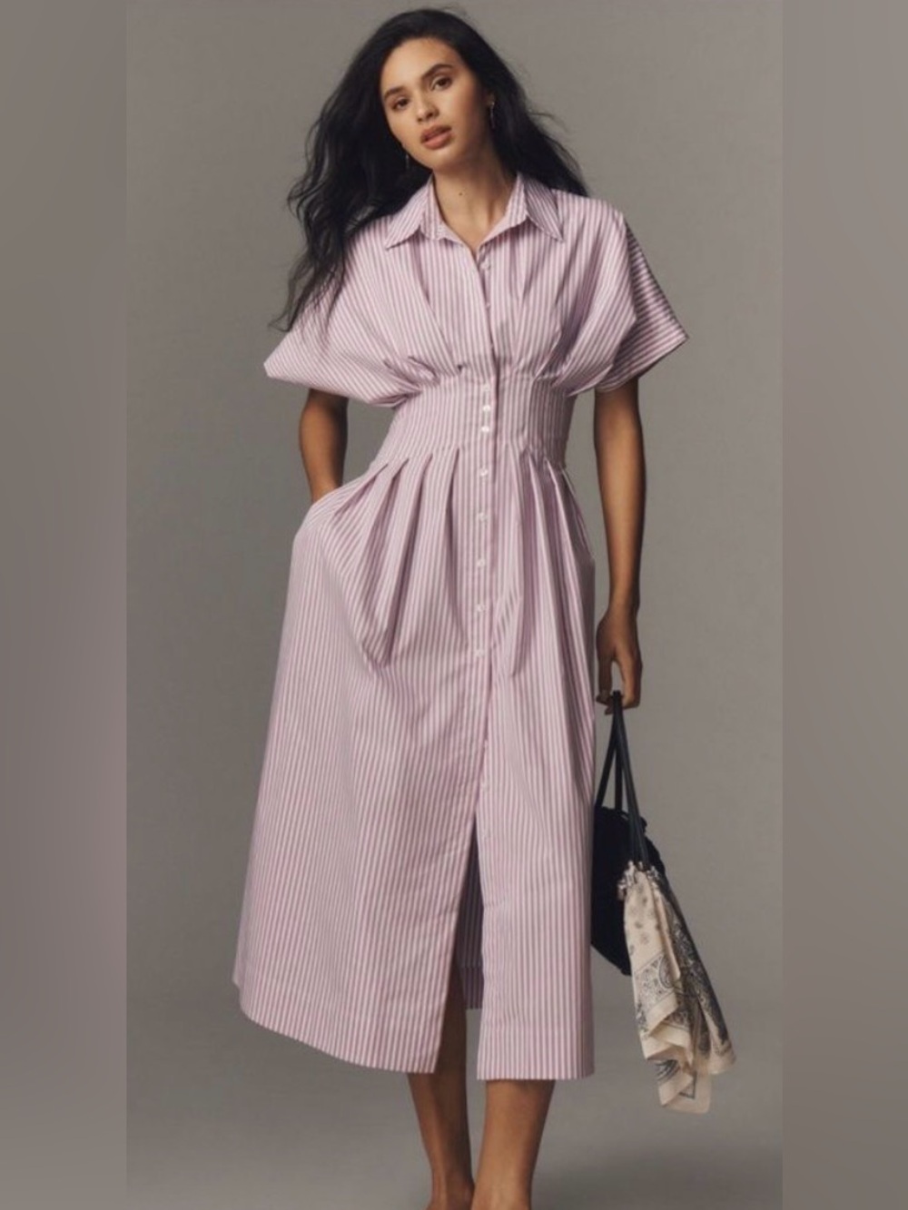 Anthropologie Exquise Purple & White Tobie Striped Midi Shirt Dress Size M